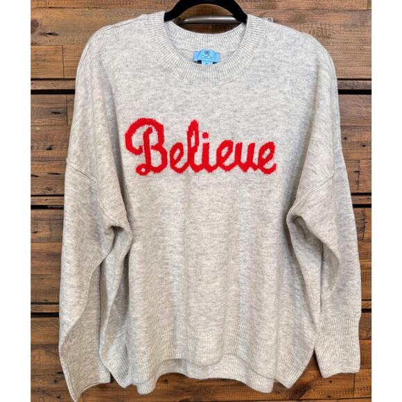 CeCe Sweater Womens XL Gray Red Crewneck Believe Script Pullover Knit Holiday - Picture 1 of 7